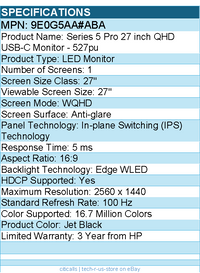 HP 9E0G5AA#ABA 527pu 27" Class WQHD LED Monitor - 16:9 - Jet Black