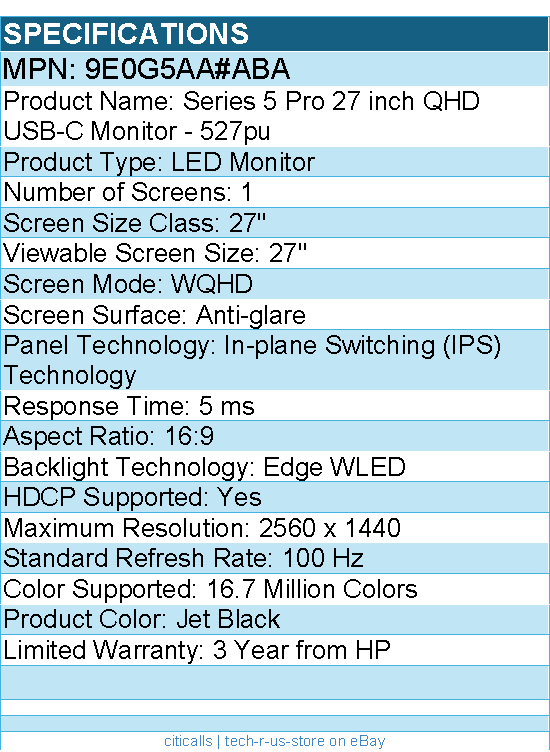 HP 9E0G5AA#ABA 527pu 27" Class WQHD LED Monitor - 16:9 - Jet Black