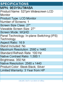 HP 9E0Y9UT#ABA 527pm 27" Class WQHD LCD Monitor - 16:9 - Sleek Black, Silver