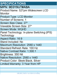 HP 9E0Y9UT#ABA 527pm 27" Class WQHD LCD Monitor - 16:9 - Sleek Black, Silver