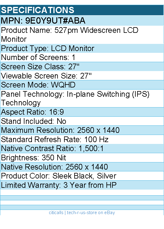 HP 9E0Y9UT#ABA 527pm 27" Class WQHD LCD Monitor - 16:9 - Sleek Black, Silver