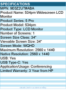 HP 9E0Z2UT#ABA 534pm 34" Class WQHD LCD Monitor - 2560 x 1440