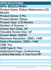 HP 9E0Z2UT#ABA 534pm 34" Class WQHD LCD Monitor - 2560 x 1440