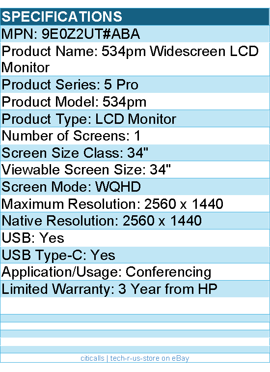 HP 9E0Z2UT#ABA 534pm 34" Class WQHD LCD Monitor - 2560 x 1440