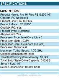 Dell 9JDW2 Pro 16 Plus PB16250 16" Copilot+ PC Notebook - Intel Core Ultra 5