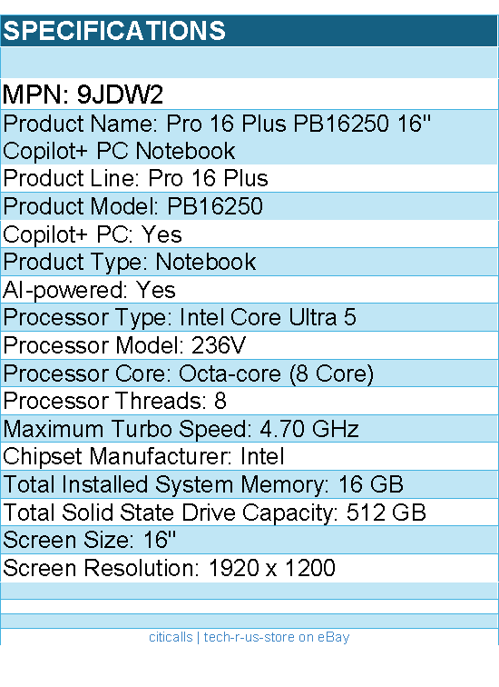 Dell 9JDW2 Pro 16 Plus PB16250 16" Copilot+ PC Notebook - Intel Core Ultra 5
