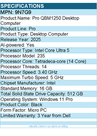 Dell 9N7G9 Pro QBM1250 Desktop Computer - Intel Core Ultra 5 235 - Micro PC