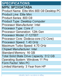 HP 9P2X0ATABA Elite Mini 800 G9 Desktop Computer - Intel Core i7 12th Gen
