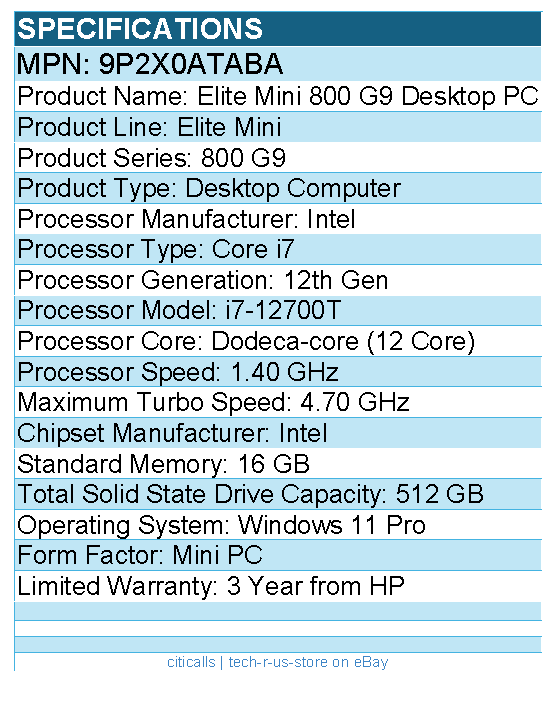 HP 9P2X0ATABA Elite Mini 800 G9 Desktop Computer - Intel Core i7 12th Gen