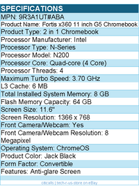HP 9R3A1UT#ABA Fortis G5 11.6" Touchscreen Convertible 2 in 1 Chromebook