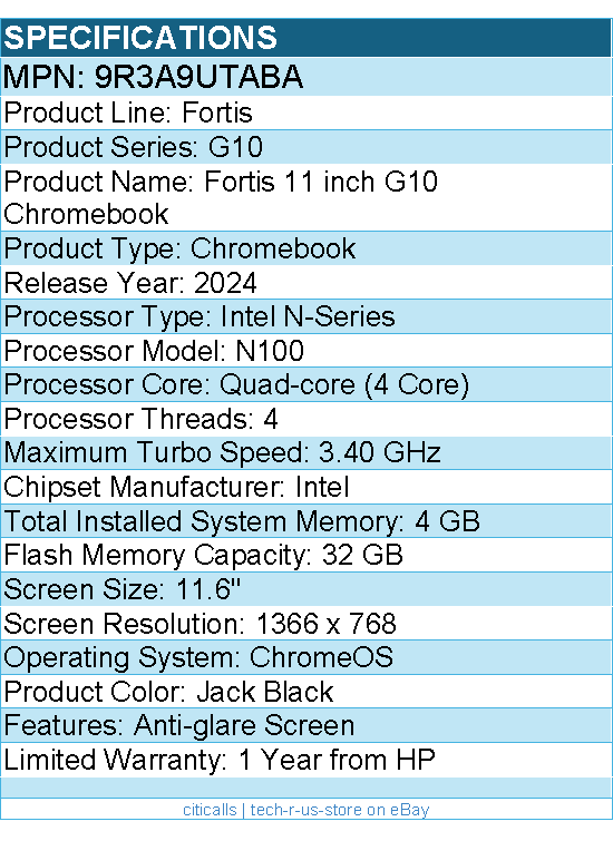 HP 9R3A9UTABA Fortis G10 11.6" Chromebook - HD - Intel N-Series N100