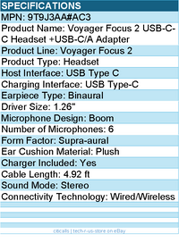 HP Poly 9T9J3AA#AC3 Voyager Focus 2 USB-C-C Headset +USB-C/A Adapter - 4.92 ft