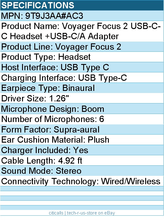 HP Poly 9T9J3AA#AC3 Voyager Focus 2 USB-C-C Headset +USB-C/A Adapter - 4.92 ft