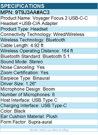 HP Poly 9T9J3AA#AC3 Voyager Focus 2 USB-C-C Headset +USB-C/A Adapter