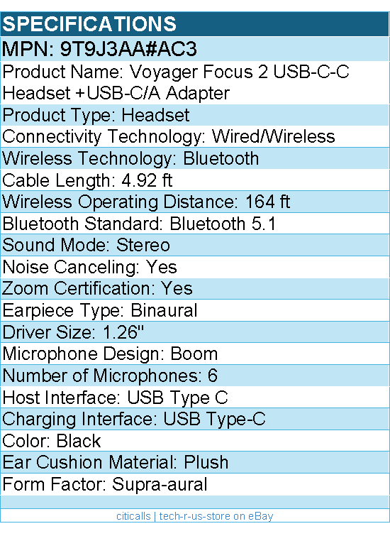 HP Poly 9T9J3AA#AC3 Voyager Focus 2 USB-C-C Headset +USB-C/A Adapter
