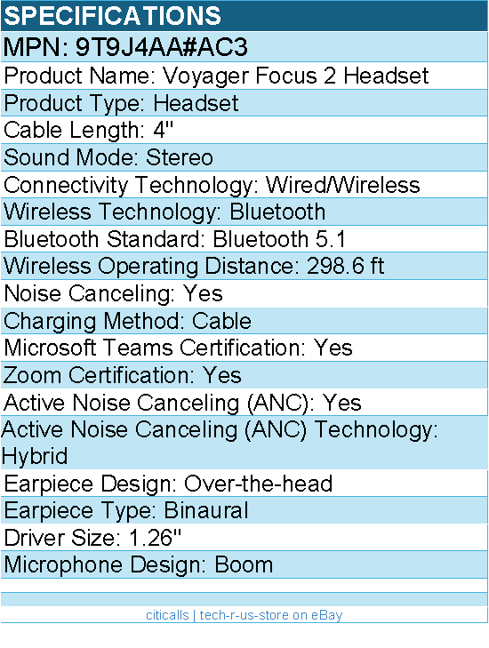 HP Poly 9T9J4AA#AC3 Voyager Focus 2 Microsoft Teams Certified USB-C-C Headset