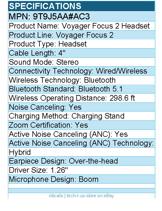 HP Poly 9T9J5AA#AC3 Voyager Focus 2 Headset - Google Assistant, Siri - Stereo