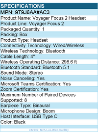 HP Poly 9T9J6AA#AC3 Voyager Focus 2 Headset -MicrosoftTeams Certification -Black