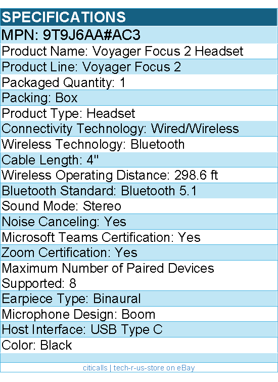 HP Poly 9T9J6AA#AC3 Voyager Focus 2 Headset -MicrosoftTeams Certification -Black