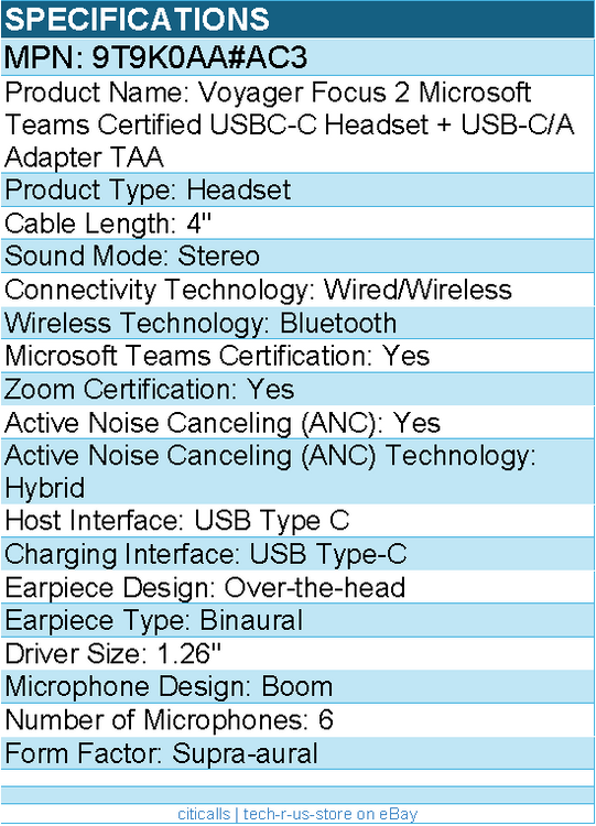 HP Poly 9T9K0AA#AC3 Voyager Focus 2 Microsoft Teams Certified USB-C-C Headset