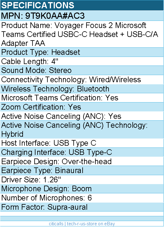 HP Poly 9T9K0AA#AC3 Voyager Focus 2 Microsoft Teams Certified USB-C-C Headset