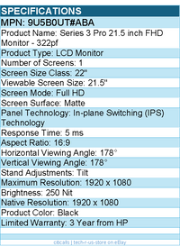 HP 9U5B0UT#ABA 322pf 22" Class Full HD LCD Monitor - 16:9 - Black
