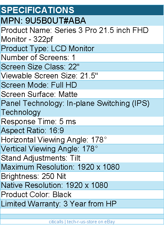 HP 9U5B0UT#ABA 322pf 22" Class Full HD LCD Monitor - 16:9 - Black