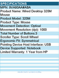 HP 9VA80AA#ABA Wired Desktop 320M Mouse - Optical - Cable - USB - 1000 dpi
