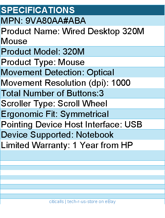 HP 9VA80AA#ABA Wired Desktop 320M Mouse - Optical - Cable - USB - 1000 dpi