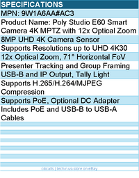 HP Poly 9W1A6AA#AC3 Studio E60 Smart Camera 4K MPTZ with 12x Optical Zoom