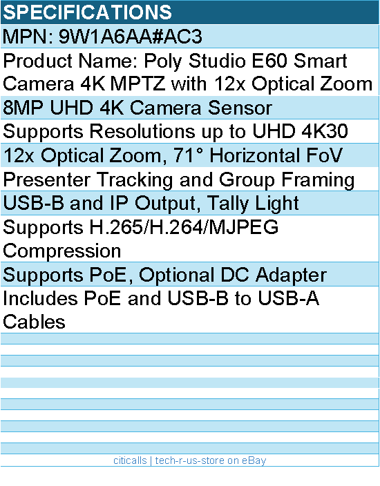 HP Poly 9W1A6AA#AC3 Studio E60 Smart Camera 4K MPTZ with 12x Optical Zoom