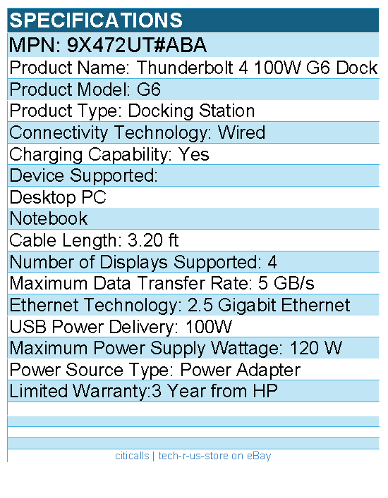 HP 9X472UT#ABA Thunderbolt 4 100W G6 Dock - for Desktop PC, Notebook