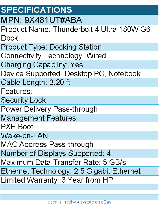 HP 9X481UT#ABA Thunderbolt 4 Ultra 180W G6 Dock - for Desktop PC, Notebook