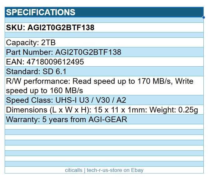 AGi AGI2T0G2BTF138 2TB TF138 UHS-I U3 V30 A2 MicroSD SD 6.1 Retail