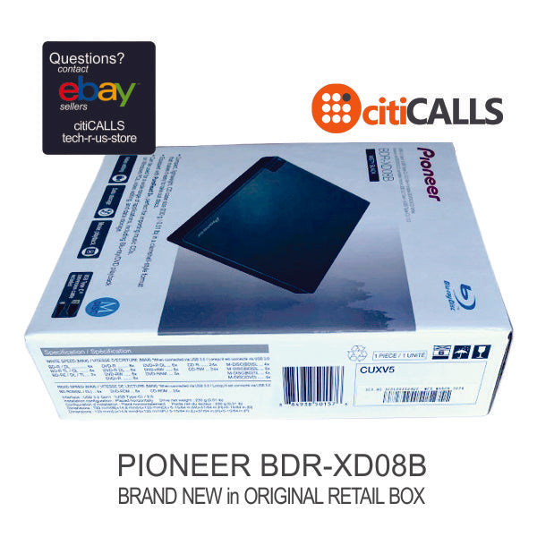 Pioneer BDR-XD08B Slim BDRW DVDRW Blu-Ray Disc Writer Clamshell USB 3.2 Black