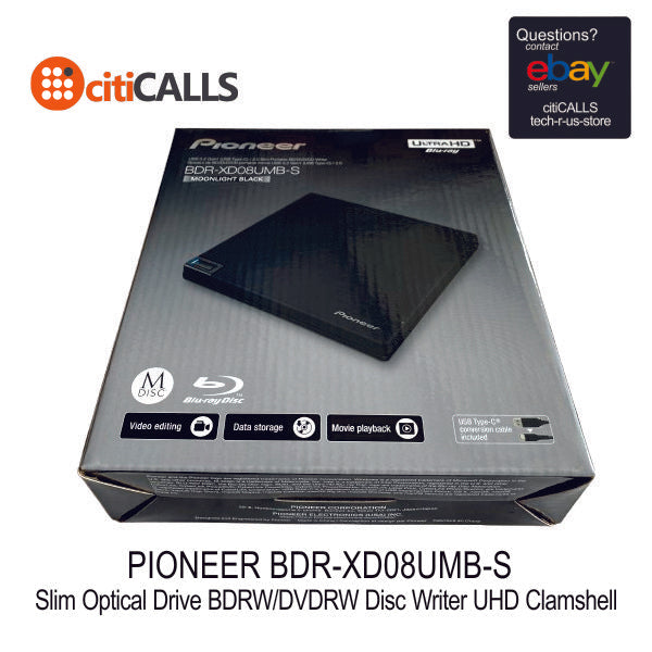 Pioneer BDR-XD08UMB-S Slim BDRW DVDRW Blu-Ray Disc Writer UHD Clamshell Black