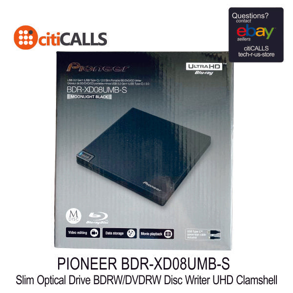 Pioneer BDR-XD08UMB-S Slim BDRW DVDRW Blu-Ray Disc Writer UHD Clamshell Black