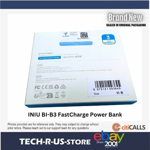 INIU BI-B3 10000 mAh Li-Ion Polymer Power Bank 3A 5V USB-C Charger Adapter Black