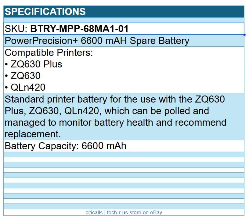 Zebra BTRY-MPP-68MA1-01 6800mAh Spare Battery for ZQ620 ZQ610 ZQ 630 ZQ600 QL420