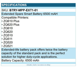 Zebra BTRY-MPP-EXT1-01 Battery for POS Printer, Scanner, Mobile Printer 6500 mAh