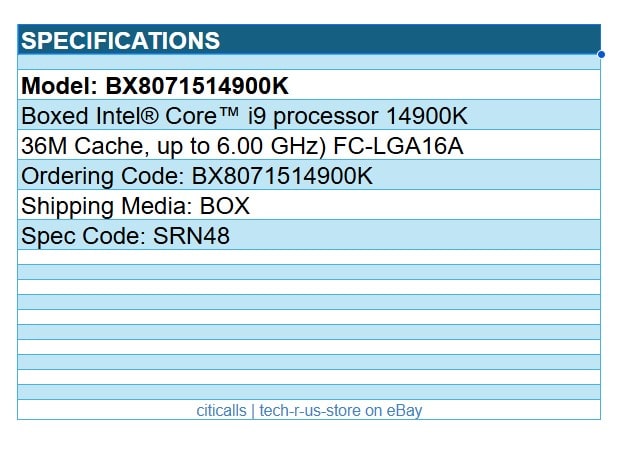Intel BX8071514900K CPU Corei9-14900K 24C 32T 6.0Ghz 36MB LGA1700 Retail