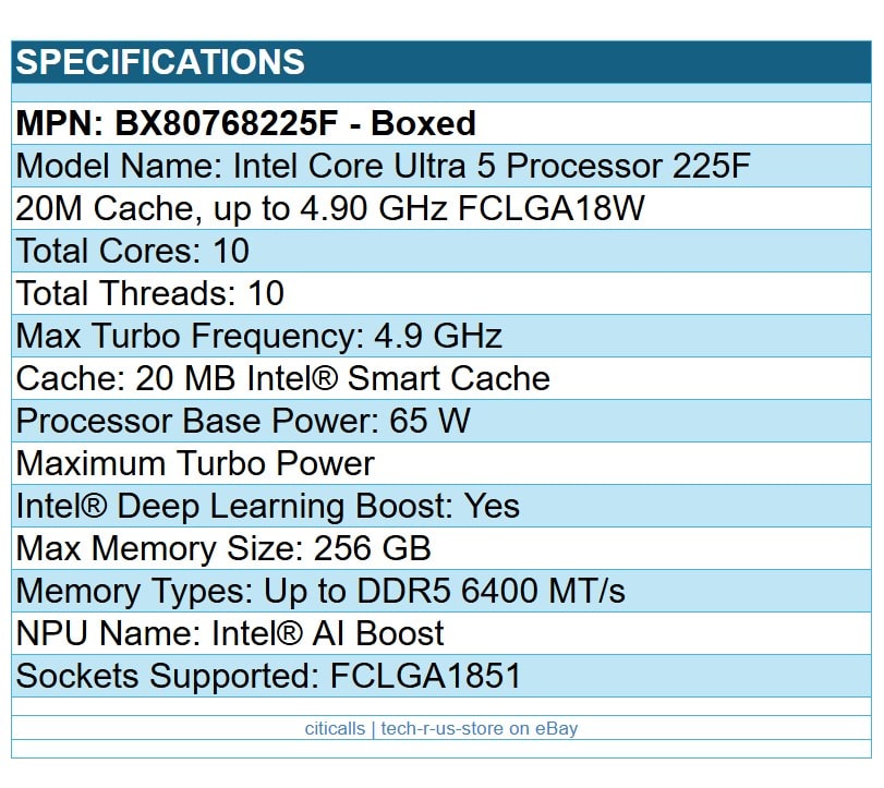 Intel BX80768225F CPU - Ultra5 225F 6P 4E 10T 3.3GHz 20M LGA1851 Retail