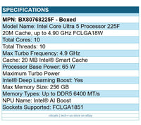 Intel BX80768225F Core Ultra 5 225F CPU Processor 20M Cache 4.9GHz FCLGA18W BOX