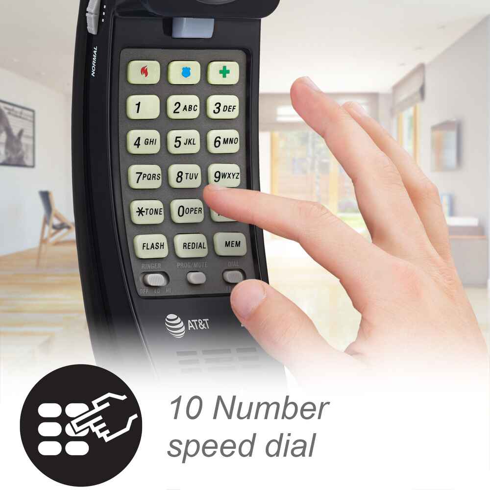 AT&T 210 Black Trimline Corded Phone Wall Mountable, Lighted Keypad Speed Dial