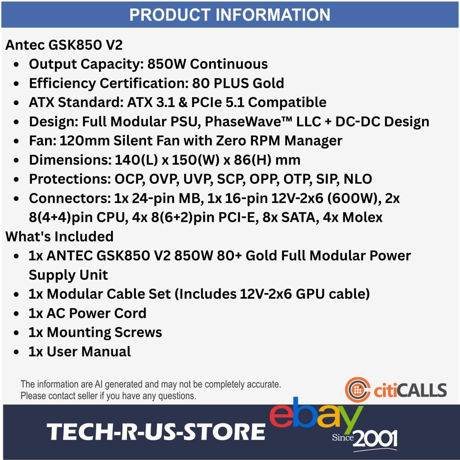 ANTEC GSK850 V2 850W 80+ Gold Full Modular ATX 3.1 PCIe 5.1 Power Supply Unit