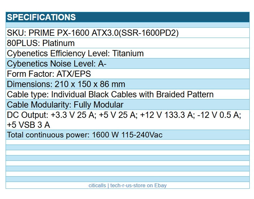 Seasonic PRIME PX-1600 ATX3.0 SSR-1600PD2 80+ 1600W Plat Modular Power Supply