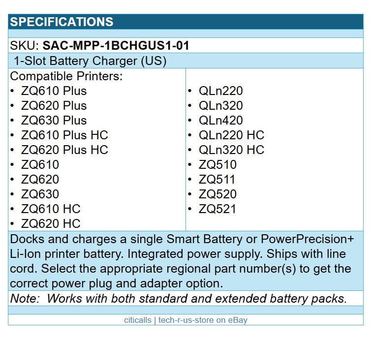 Zebra SAC-MPP-1BCHGUS1-01 Battery Charger with Power Adapter for ZQ500 ZQ600