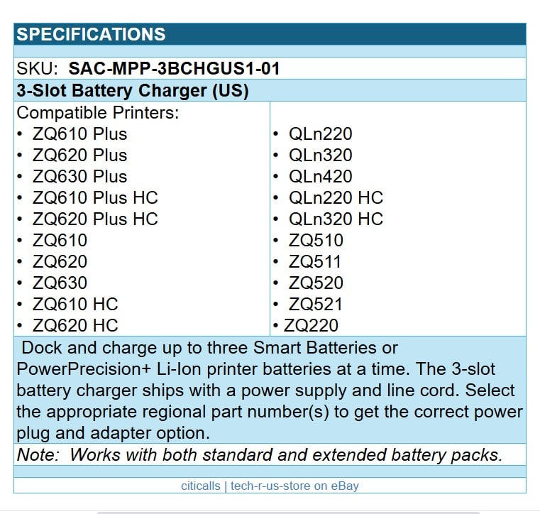 Zebra SAC-MPP-3BCHGUS1-01 3-Slot Battery Charger w Power Adapter for ZQ500 ZQ600