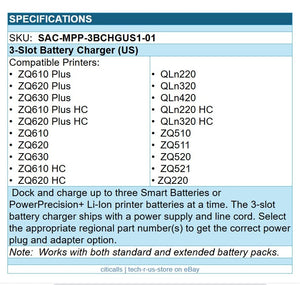 Zebra SAC-MPP-3BCHGUS1-01 3-Slot Battery Charger for ZQ QL Printers