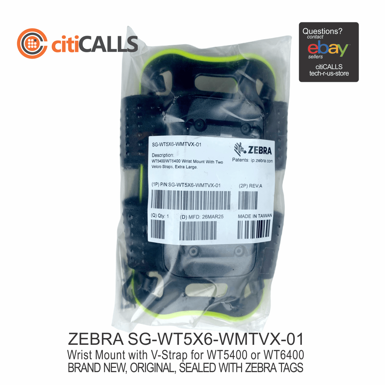 Zebra SG-WT5X6-WMTVX-01 Wrist Mount WT5400 WT6400 w 2 VEL CRO Strap XLarge Black